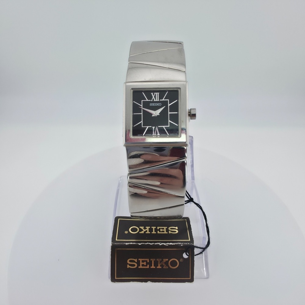 New!! SEIKO Ladies Watch 4N00-7110 Black Dial Geometric Bracelet 7" New w Tags!!